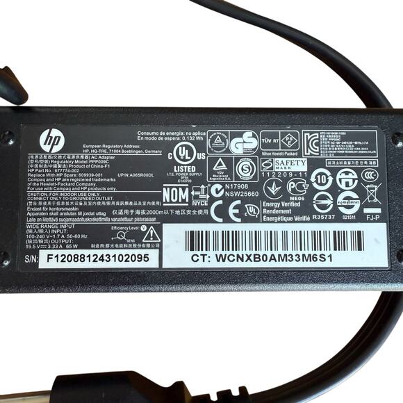 HP Laptop Computer 65W AC Power Adapter For Compaq and HP S/N: F120881243102095 - Picture 1 of 7